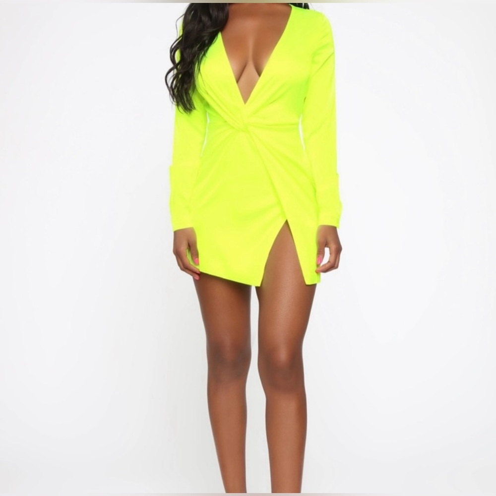 FASHION NOVA Sugar Free Dress Satin Neon Yellow NWT - Picture 2 of 14